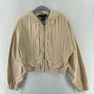 Forever 21 Jacket Womens Sz S Beige Full-Zip Flannel Lined Hooded Bomber Cropped